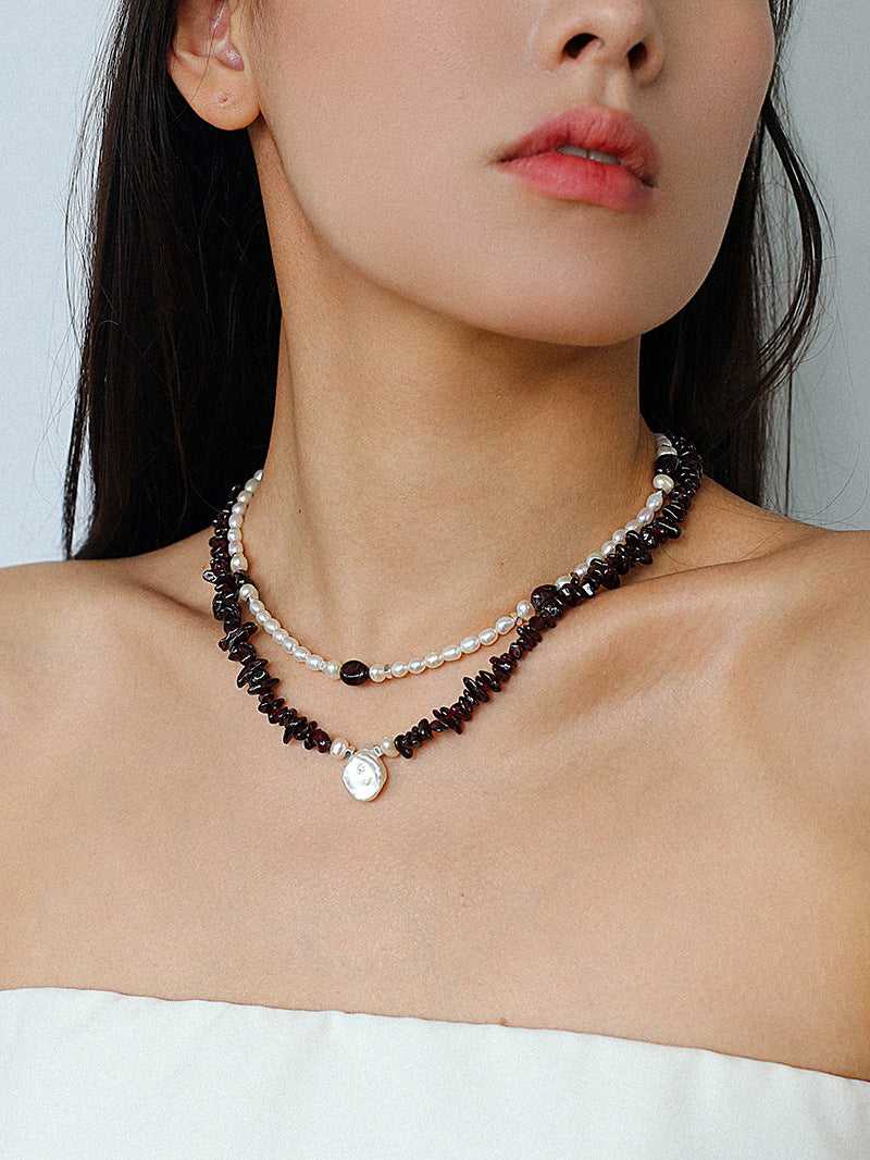 Garnet Stone Petal Baroque Pearl Necklace gembea jewelry