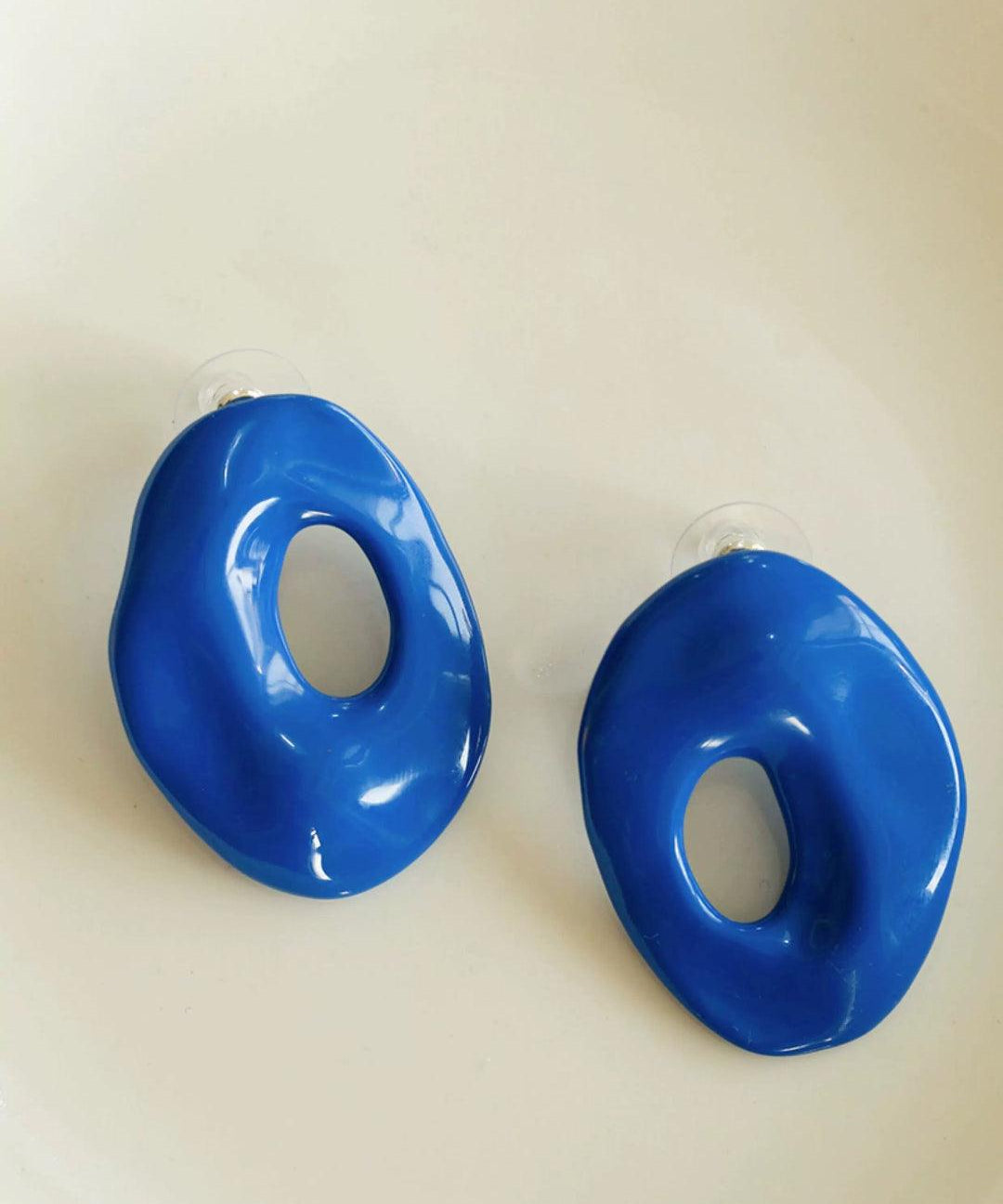 Geometric Oval Hollow Blue Enamel Earrings - Gembea Jewelry