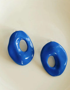 Geometric Oval Hollow Blue Enamel Earrings - Gembea Jewelry