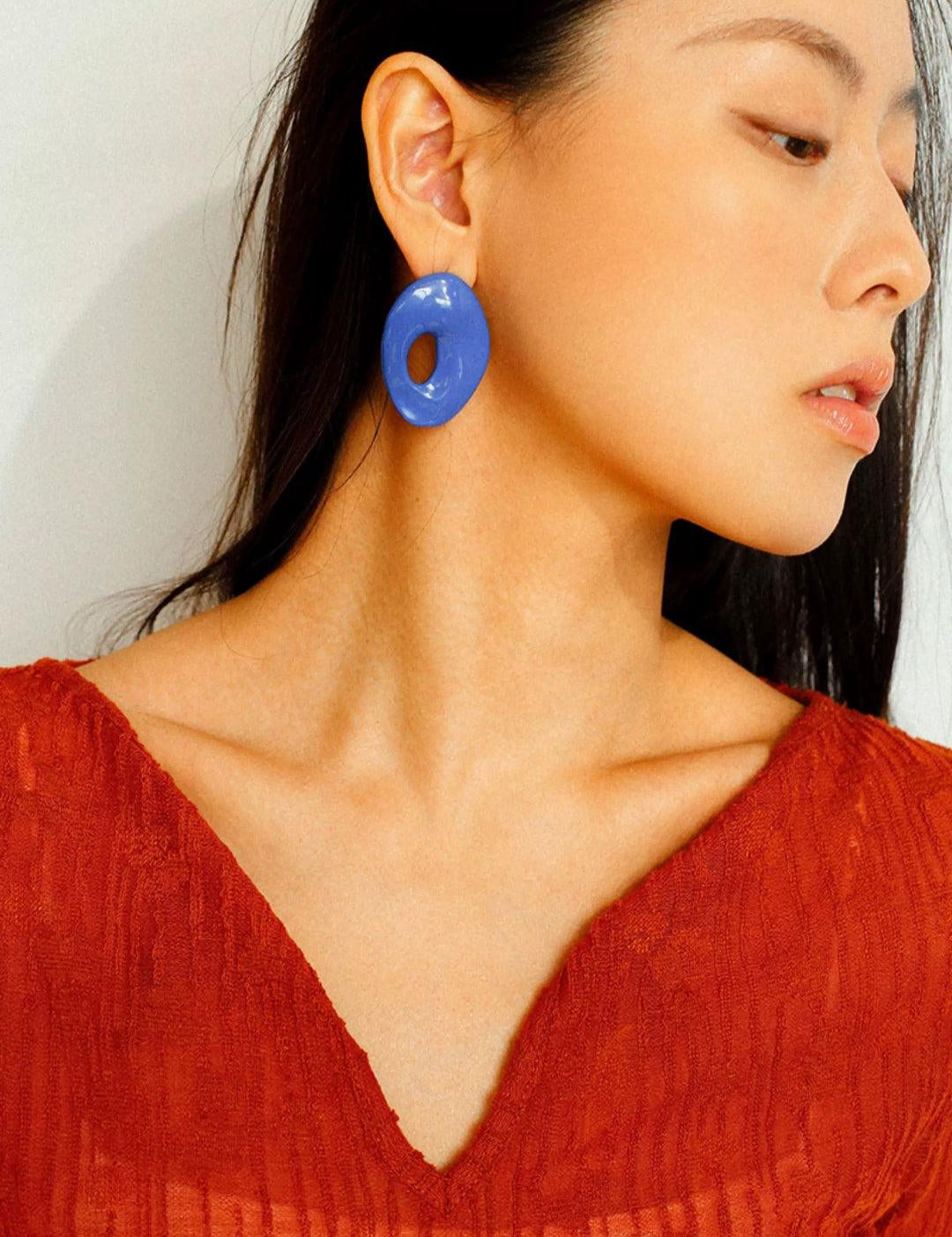 Geometric Oval Hollow Blue Enamel Earrings - Gembea Jewelry