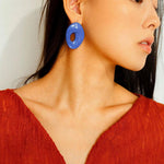 Geometric Oval Hollow Blue Enamel Earrings - Gembea Jewelry