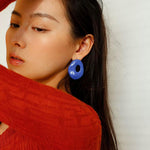Geometric Oval Hollow Blue Enamel Earrings - Gembea Jewelry