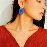 Geometric Oval Hollow Blue Enamel Earrings - Gembea Jewelry