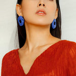 Geometric Oval Hollow Blue Enamel Earrings - Gembea Jewelry