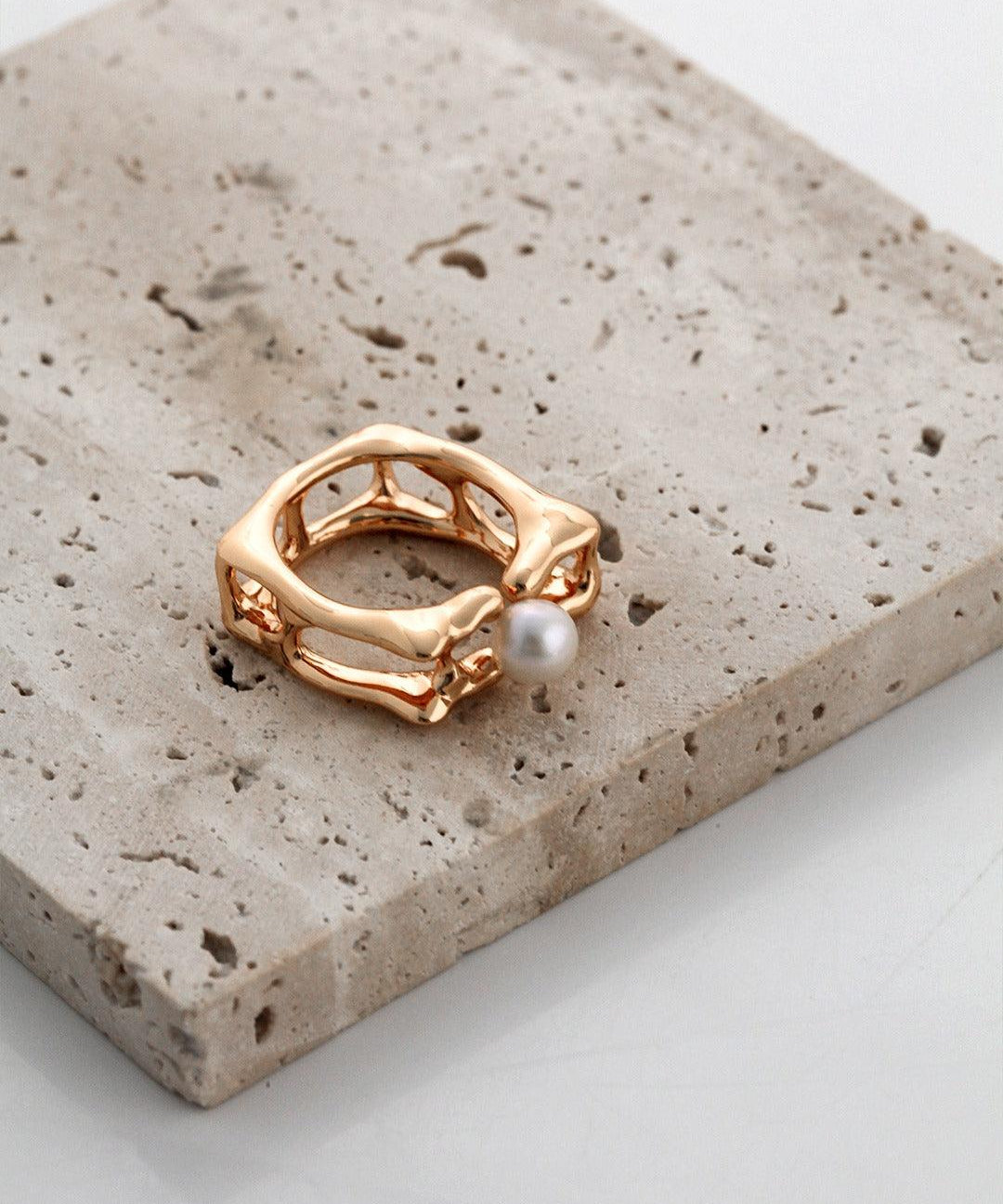 Geometric Square Sterling Silver Pearl Rings - Gembea Jewelry
