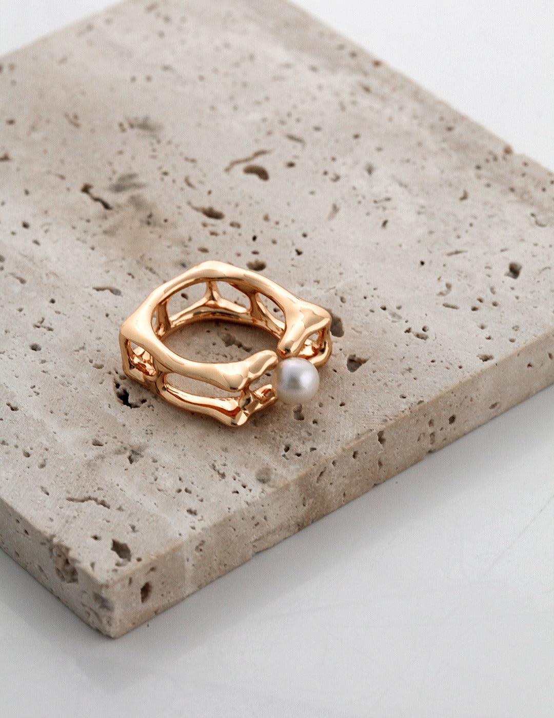 Geometric Square Sterling Silver Pearl Rings - Gembea Jewelry