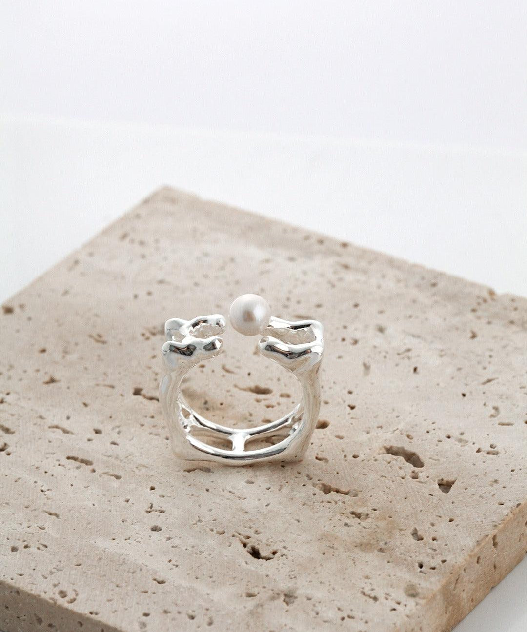 Geometric Square Sterling Silver Pearl Rings - Gembea Jewelry