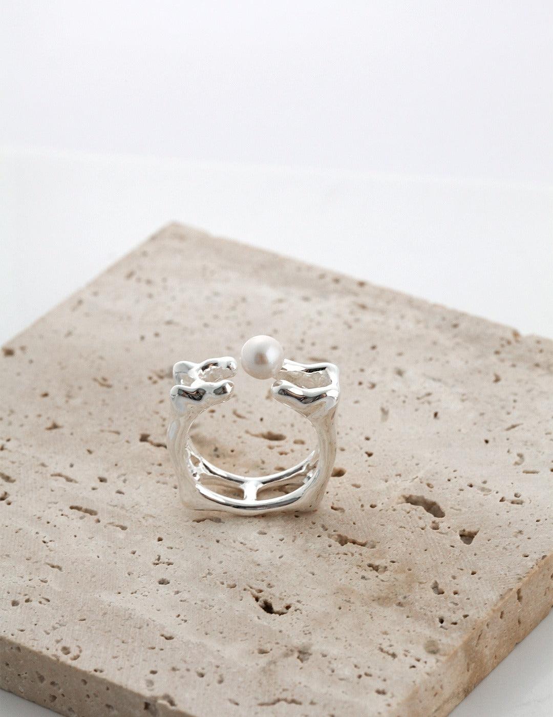 Geometric Square Sterling Silver Pearl Rings - Gembea Jewelry