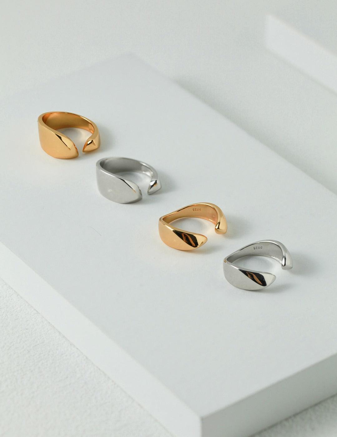 Geometrically Cut Surface Sterling Silver Open Rings - Gembea Jewelry