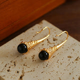 Gilded Bud Black Agate Drop Hook Earrings