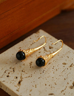 Gilded Bud Black Agate Drop Hook Earrings
