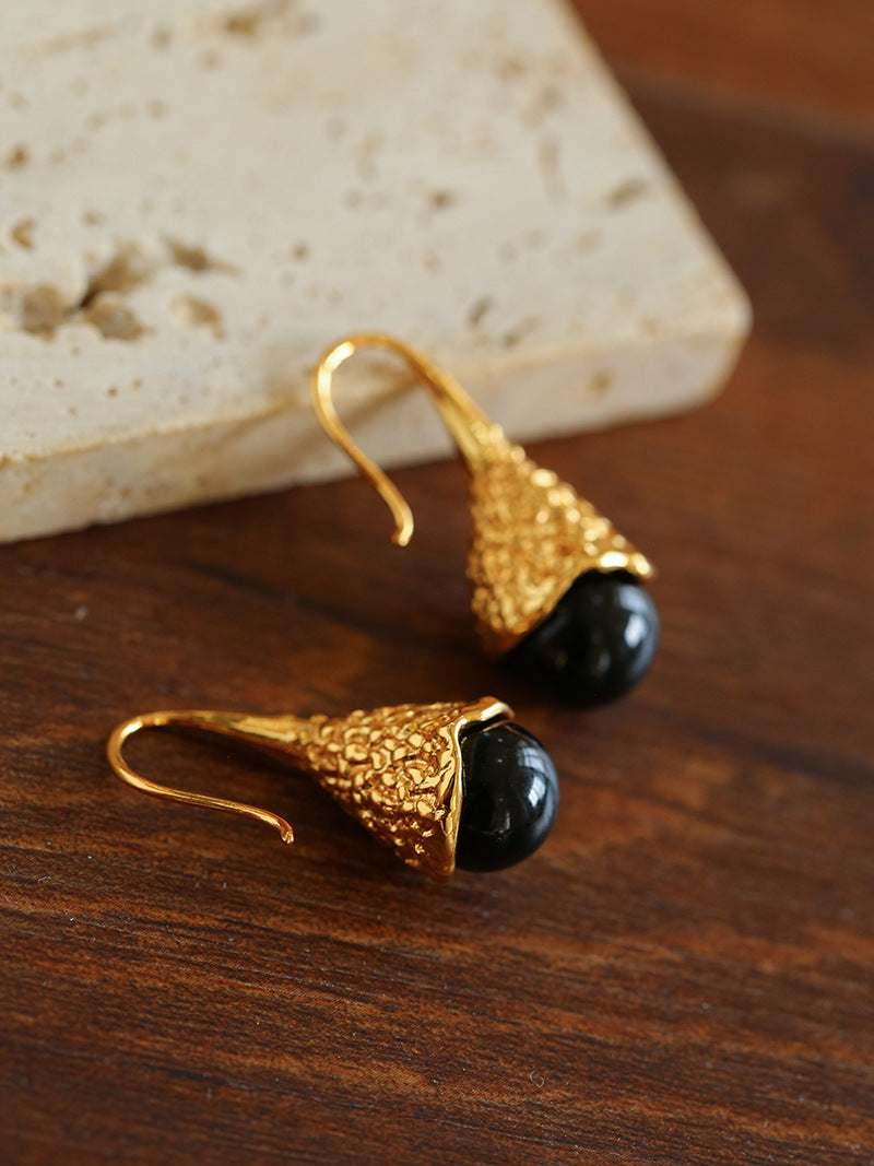 Gilded Bud Black Agate Drop Hook Earrings