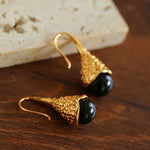 Gilded Bud Black Agate Drop Hook Earrings