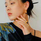 Gilded Bud Black Agate Drop Hook Earrings
