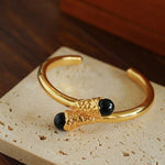 Gilded Bud Black Agate Open Cuff Bracelet-Gembea Jewelry