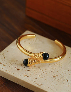 Gilded Bud Black Agate Open Cuff Bracelet-Gembea Jewelry