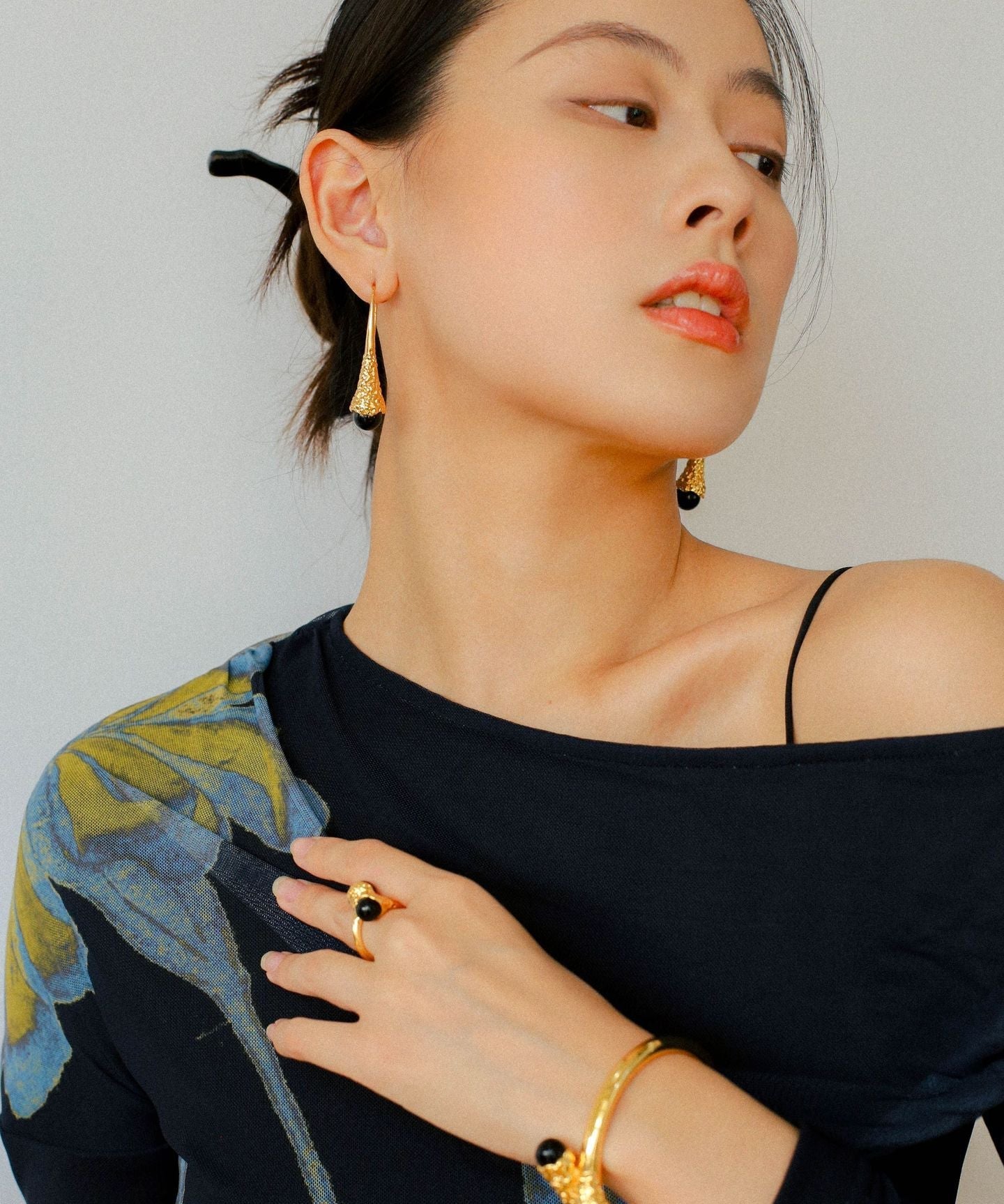 Gilded Bud Black Agate Open Cuff Bracelet-Gembea Jewelry