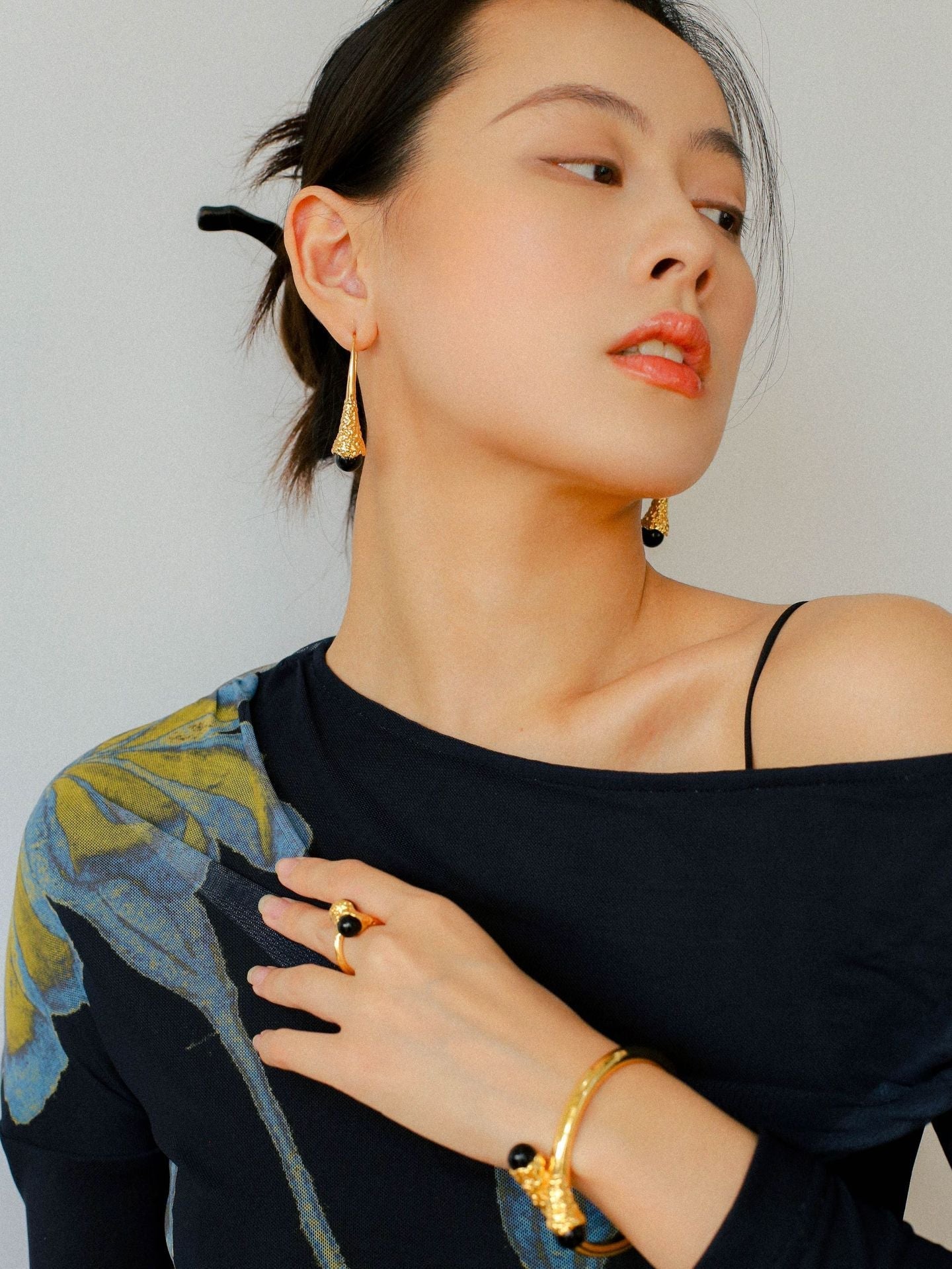 Gilded Bud Black Agate Open Cuff Bracelet-Gembea Jewelry