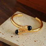 Gilded Bud Black Agate Open Cuff Bracelet-Gembea Jewelry