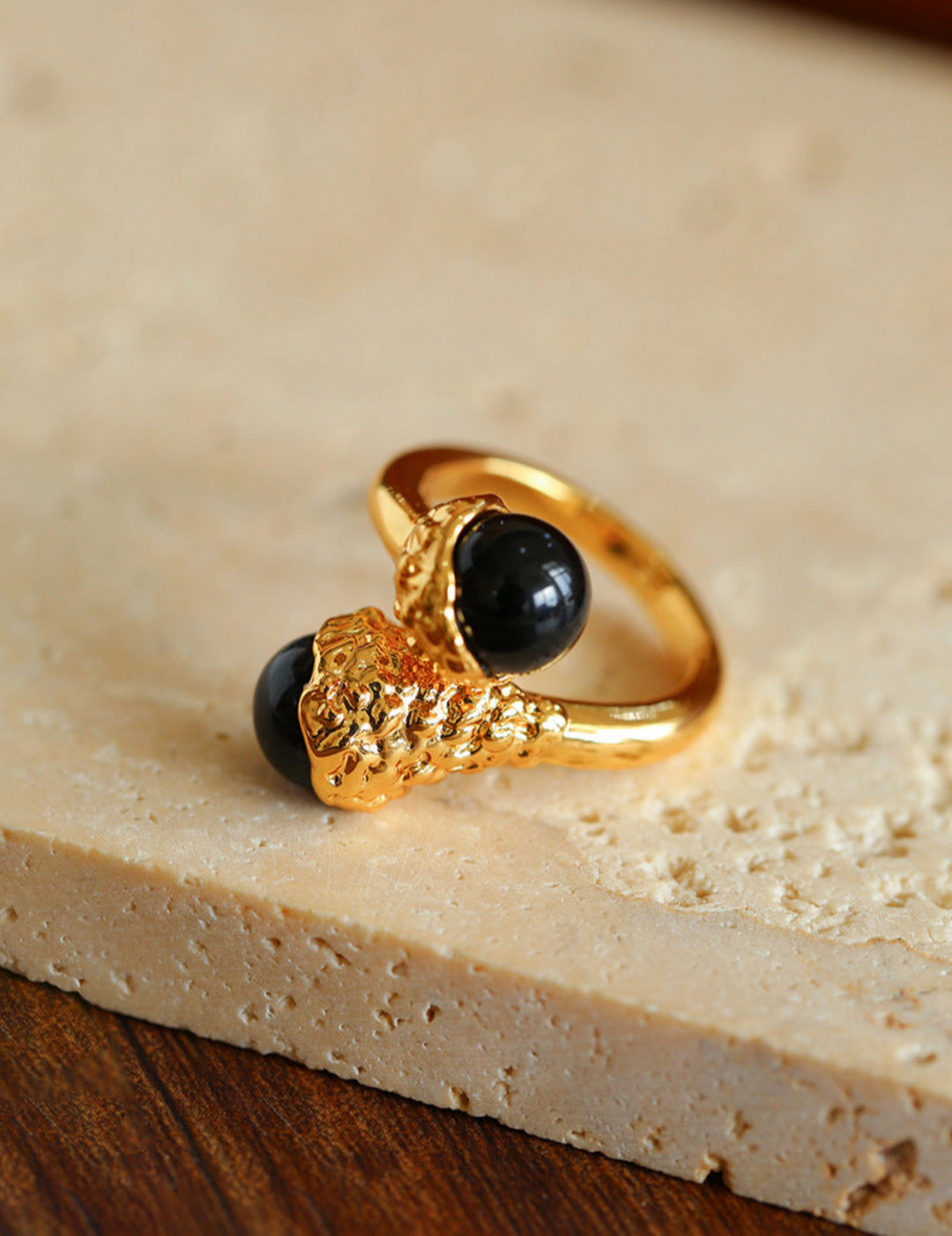 Gilded Bud Black Agate Statement Ring-Gembea Jewelry