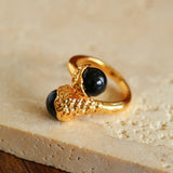 Gilded Bud Black Agate Statement Ring-Gembea Jewelry