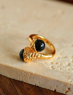 Gilded Bud Black Agate Statement Ring-Gembea Jewelry