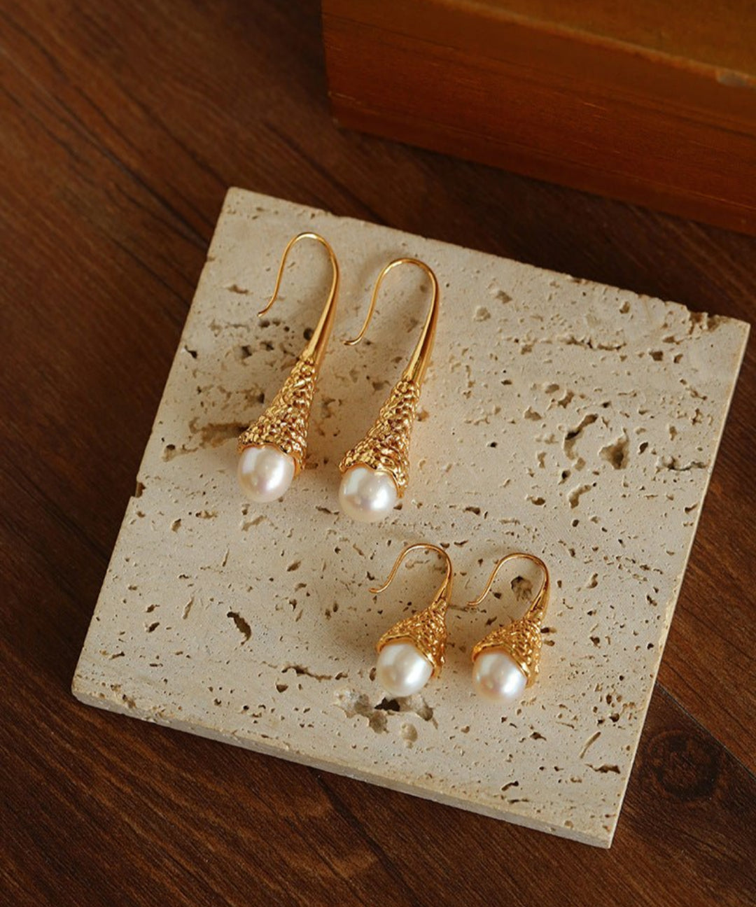 Gilded Bud Freshwater Pearl Drop Hook Earrings-Gembea jewelry