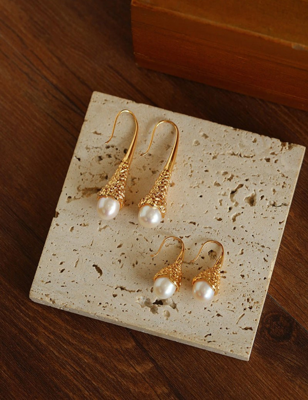 Gilded Bud Freshwater Pearl Drop Hook Earrings-Gembea jewelry