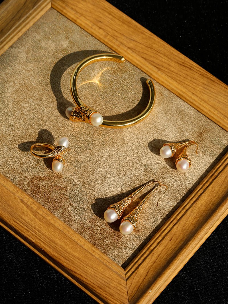 Gilded Bud Freshwater Pearl Drop Hook Earrings
