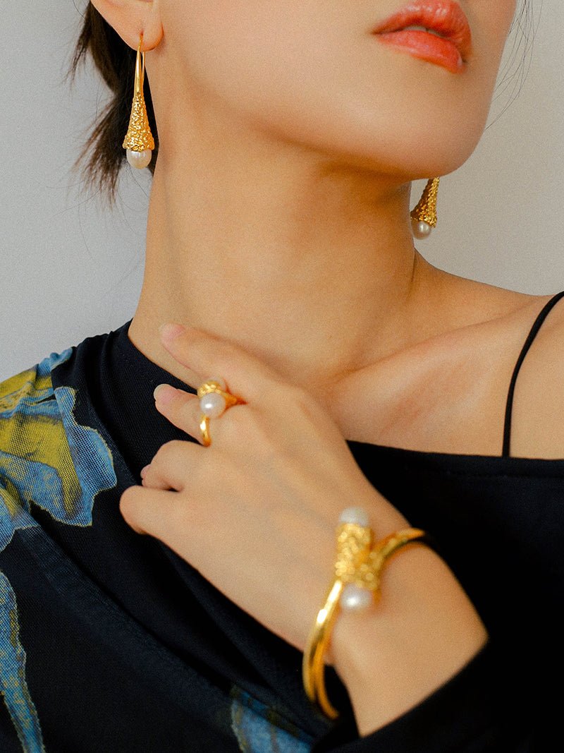 Gilded Bud Freshwater Pearl Drop Hook Earrings