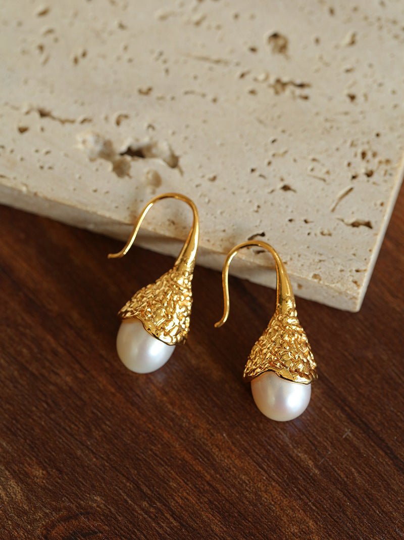 Gilded Bud Freshwater Pearl Drop Hook Earrings