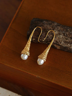 Gilded Bud Freshwater Pearl Drop Hook Earrings
