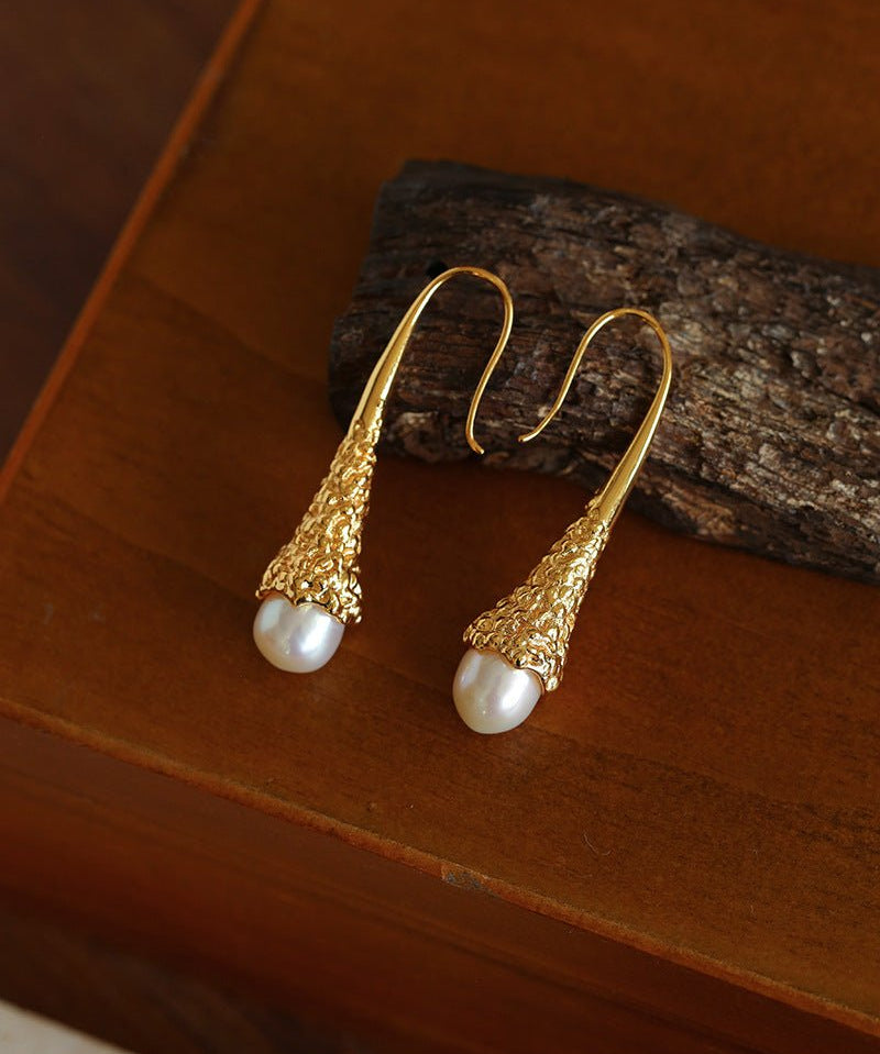 Gilded Bud Freshwater Pearl Drop Hook Earrings