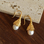 Gilded Bud Freshwater Pearl Drop Hook Earrings