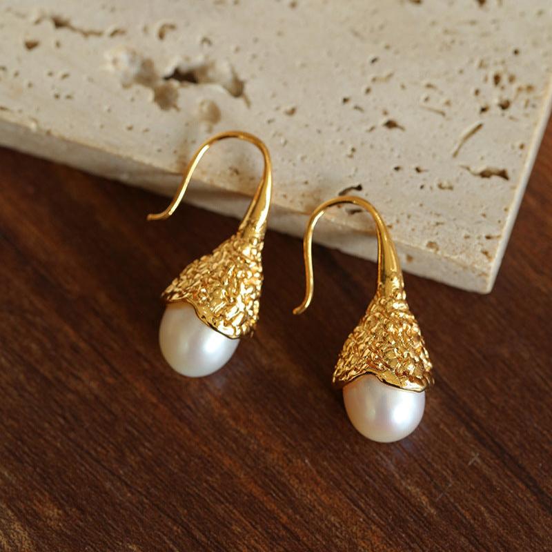Gilded Bud Freshwater Pearl Drop Hook Earrings