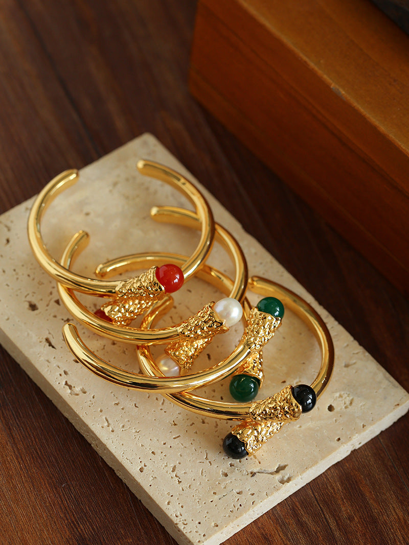 Gilded Bud Freshwater Pearl Open Cuff Bracelet-Gembea Jewelry