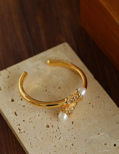 Gilded Bud Freshwater Pearl Open Cuff Bracelet-Gembea Jewelry