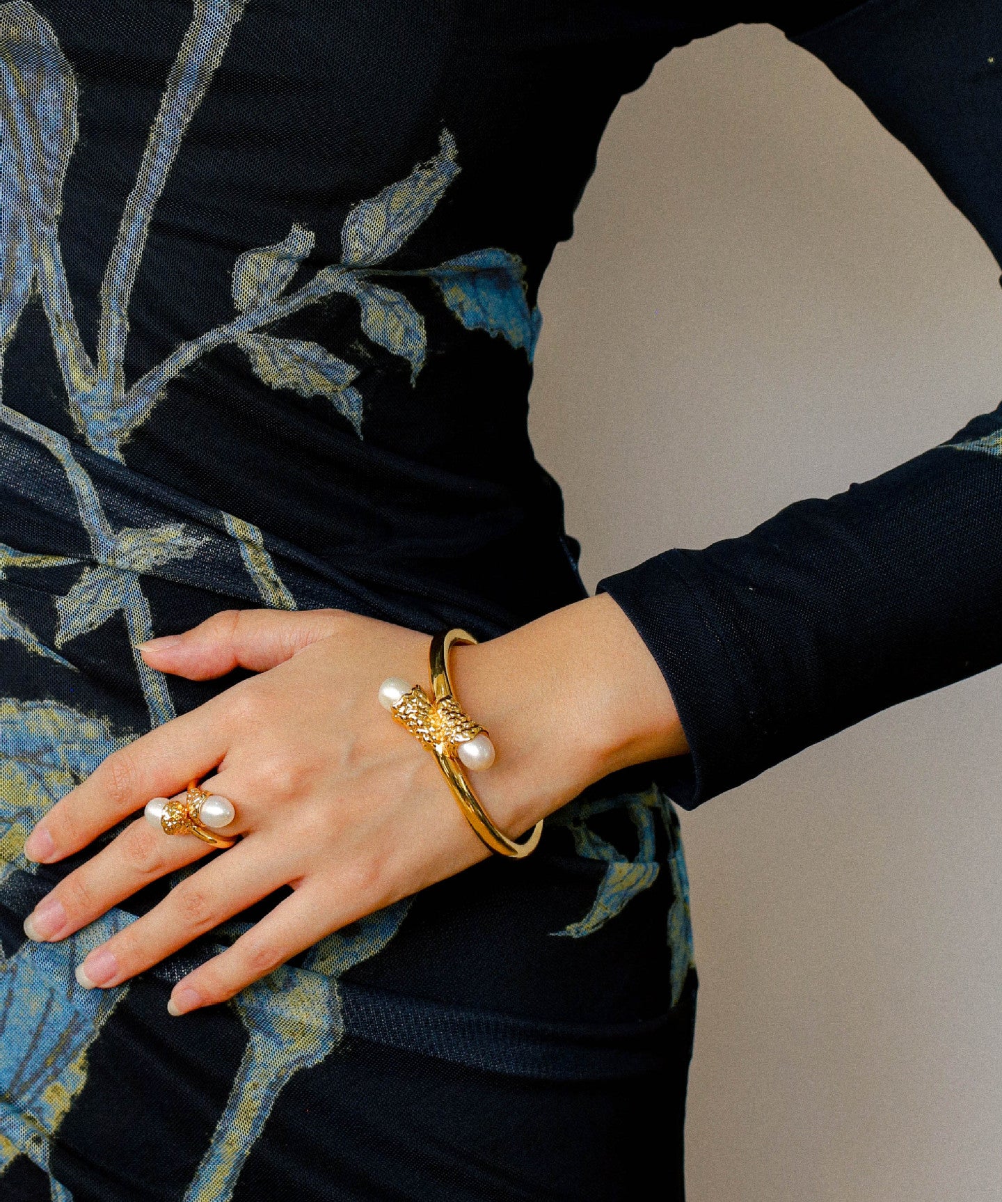Gilded Bud Freshwater Pearl Open Cuff Bracelet-Gembea Jewelry