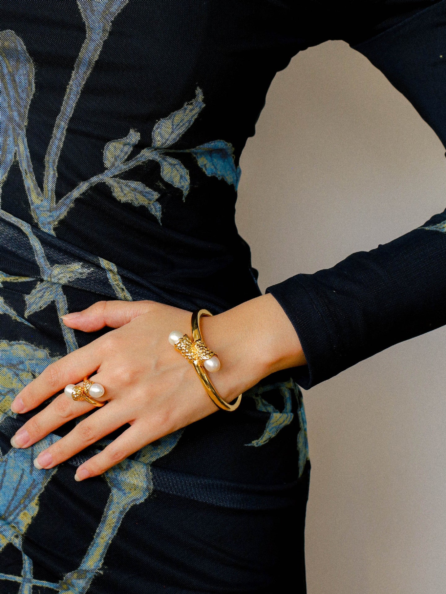 Gilded Bud Freshwater Pearl Open Cuff Bracelet-Gembea Jewelry