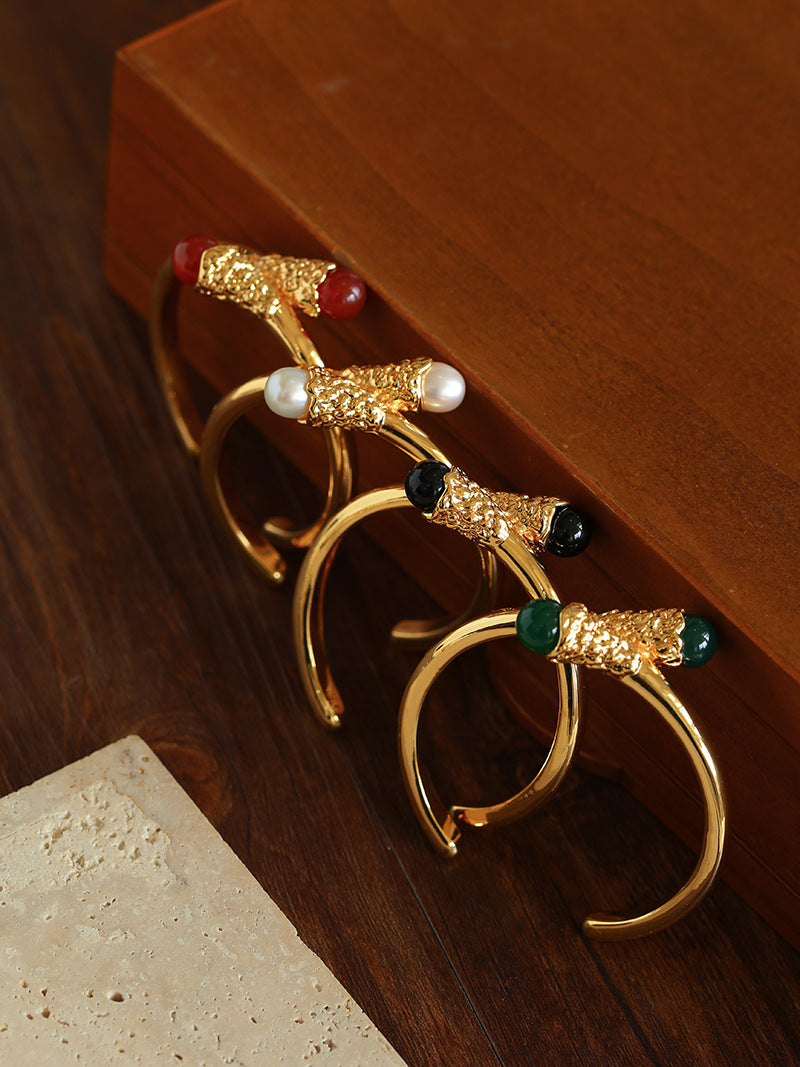 Gilded Bud Freshwater Pearl Open Cuff Bracelet-Gembea Jewelry