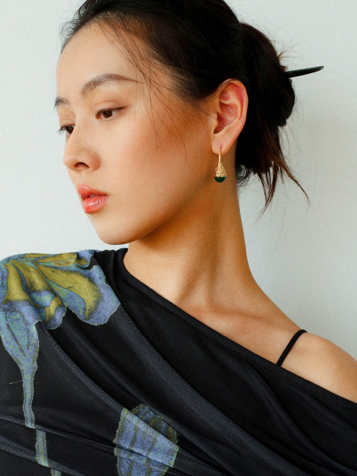 Gilded Bud Green Agate Drop Hook Earrings-Gembea Jewelry