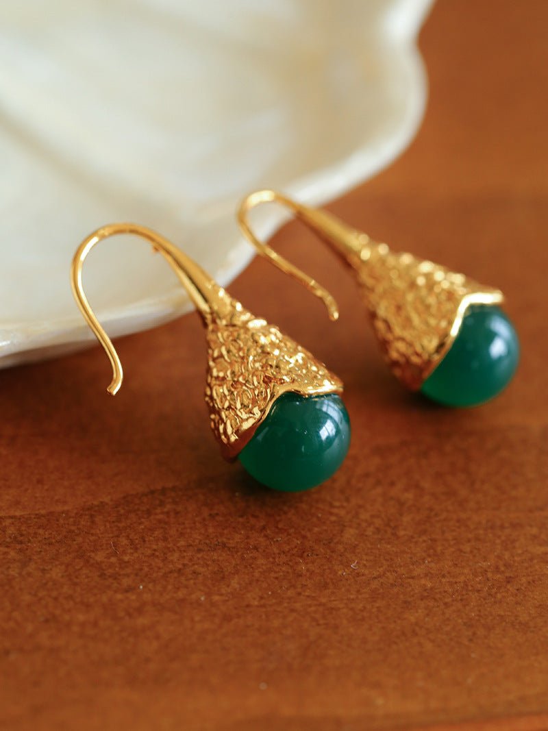 Gilded Bud Green Agate Drop Hook Earrings-Gembea Jewelry