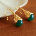 Gilded Bud Green Agate Drop Hook Earrings-Gembea Jewelry