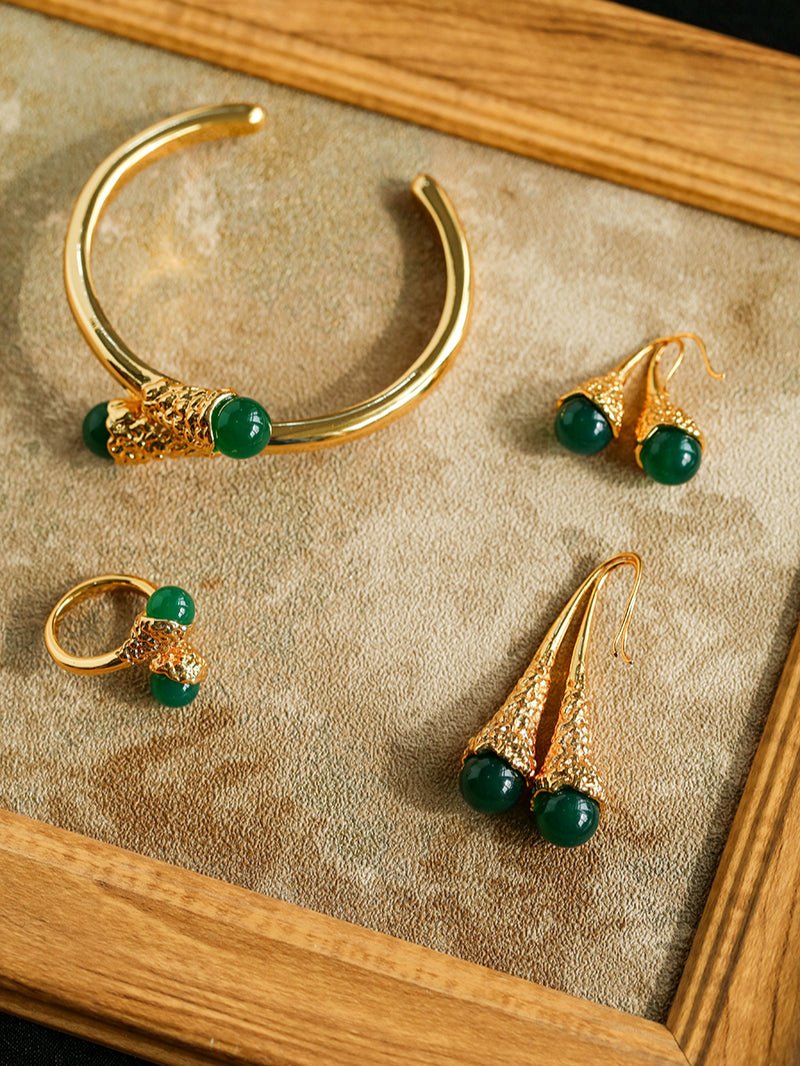 Gilded Bud Green Agate Drop Hook Earrings-Gembea Jewelry