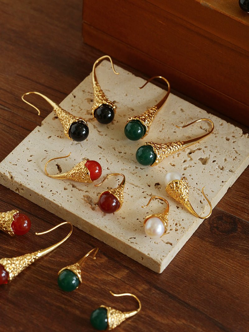 Gilded Bud Green Agate Drop Hook Earrings-Gembea Jewelry