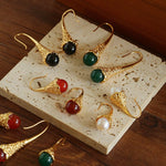 Gilded Bud Green Agate Drop Hook Earrings-Gembea Jewelry