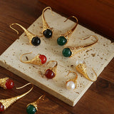 Gilded Bud Green Agate Drop Hook Earrings-Gembea Jewelry