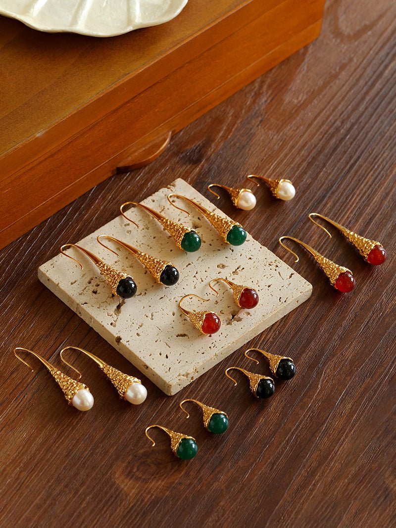 Gilded Bud Green Agate Drop Hook Earrings-Gembea Jewelry