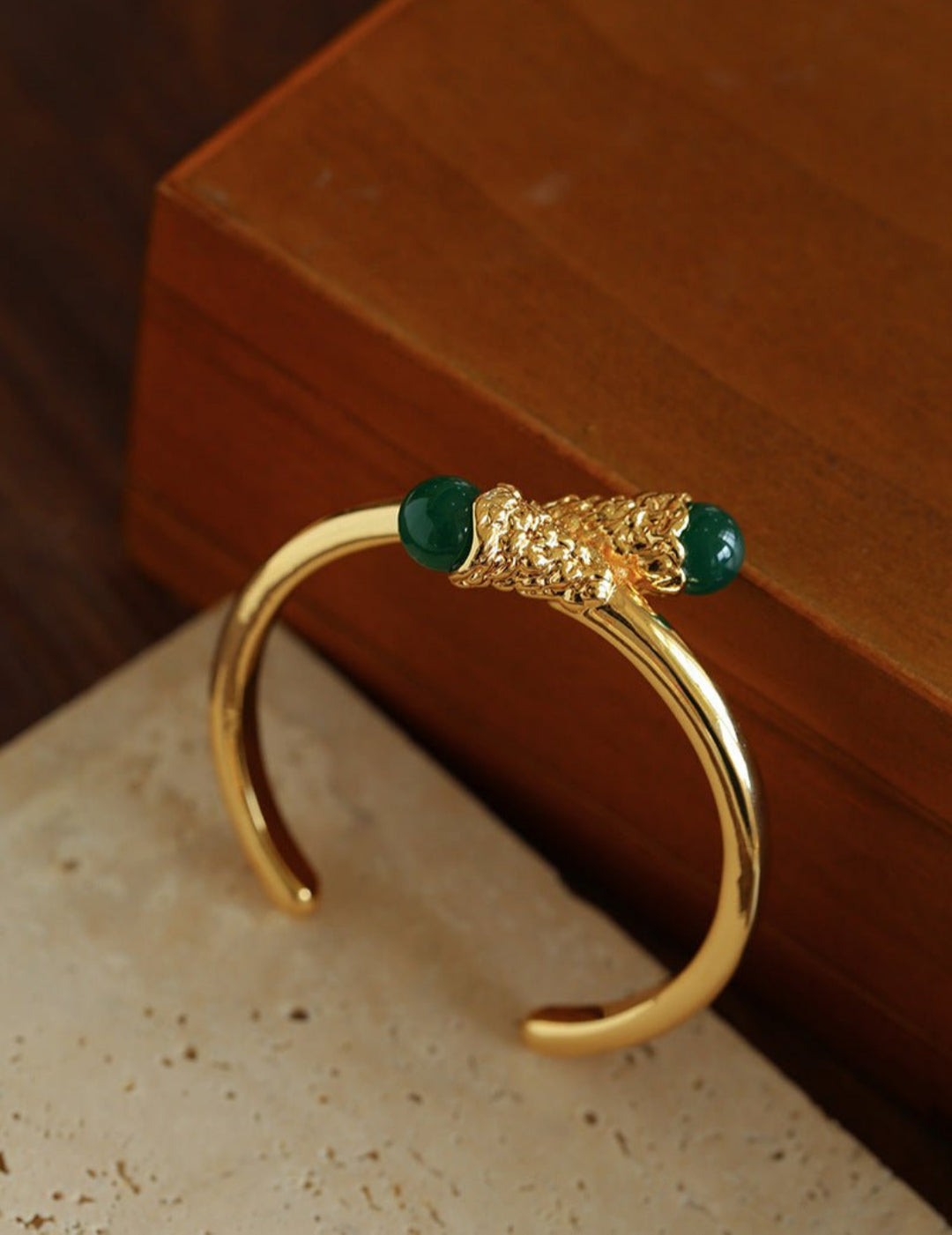 Gilded Bud Green Agate Open Cuff Bracelet-Gembea Jewelry