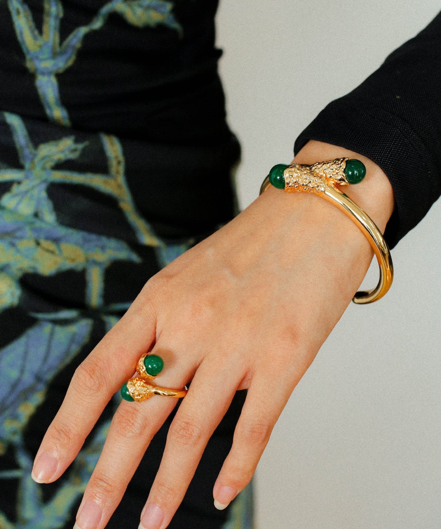 Gilded Bud Green Agate Open Cuff Bracelet-Gembea Jewelry